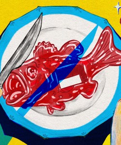 A digital illustration of a glossy-red plastic fish on a white dinner plate on a vivid yellow tablecloth. A hand on the left side of the fish holds a knife, which casts a blue shadow that, together with the border of the plate, makes the shape of a circle with a diagonal line across it. The hand on the right side holds a fork with a rubbery, glistening cube from the plastic fish speared on it.